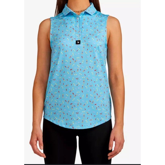 Bad Birdie Sleeveless Performance Bright Blue Canoe Boat Print Polo Women's L - Picture 1 of 7